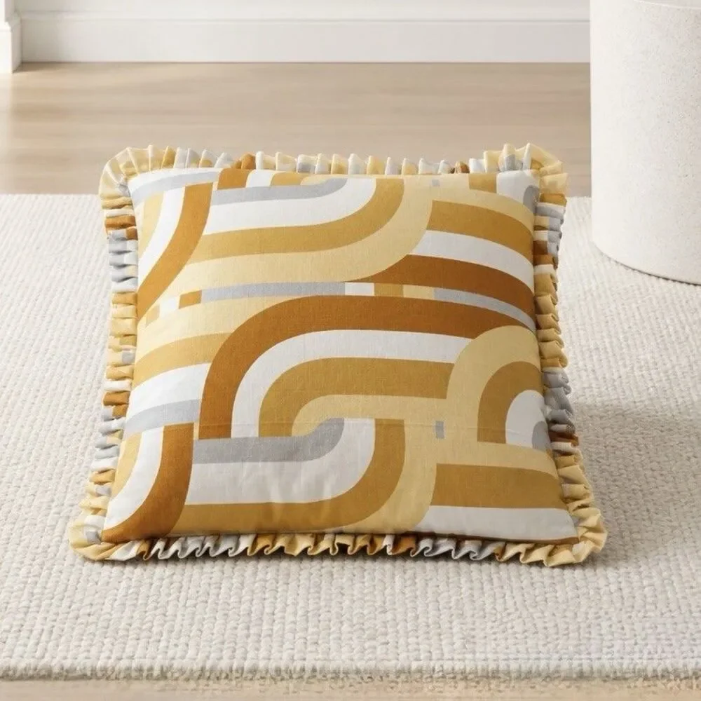 Handmade Set of 2 Throw Pillow Covers 18x18 Geometric Ruffle Trim Hidden Zipper